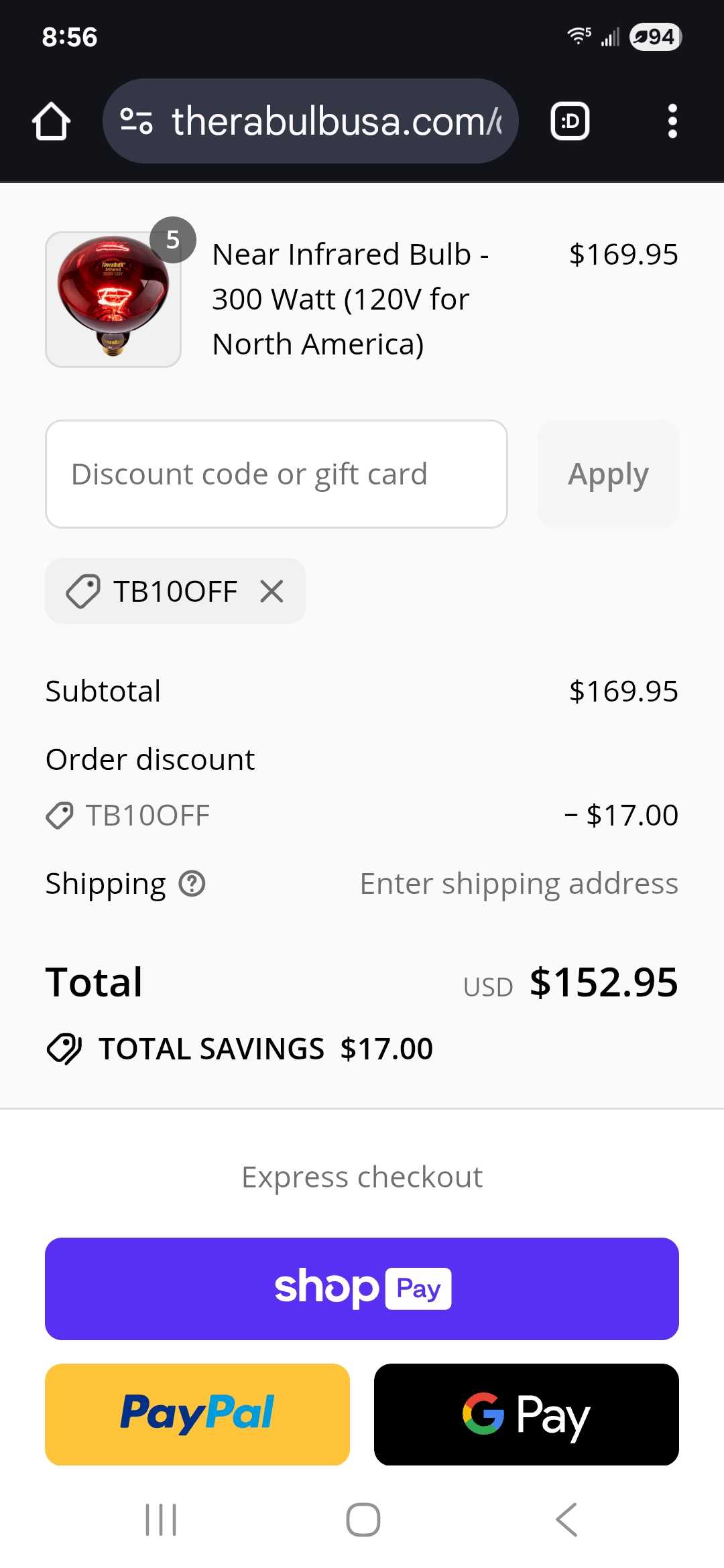 TheraBulb coupon verification screenshot