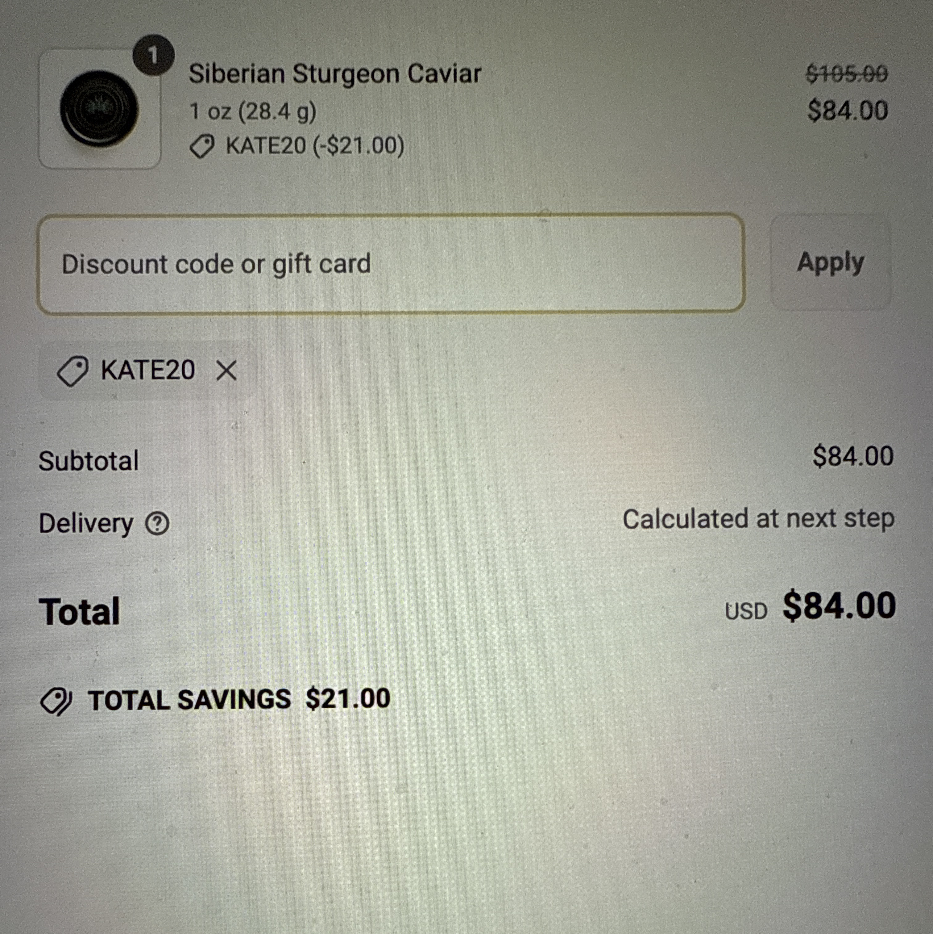 kate20 coupon verification screenshot