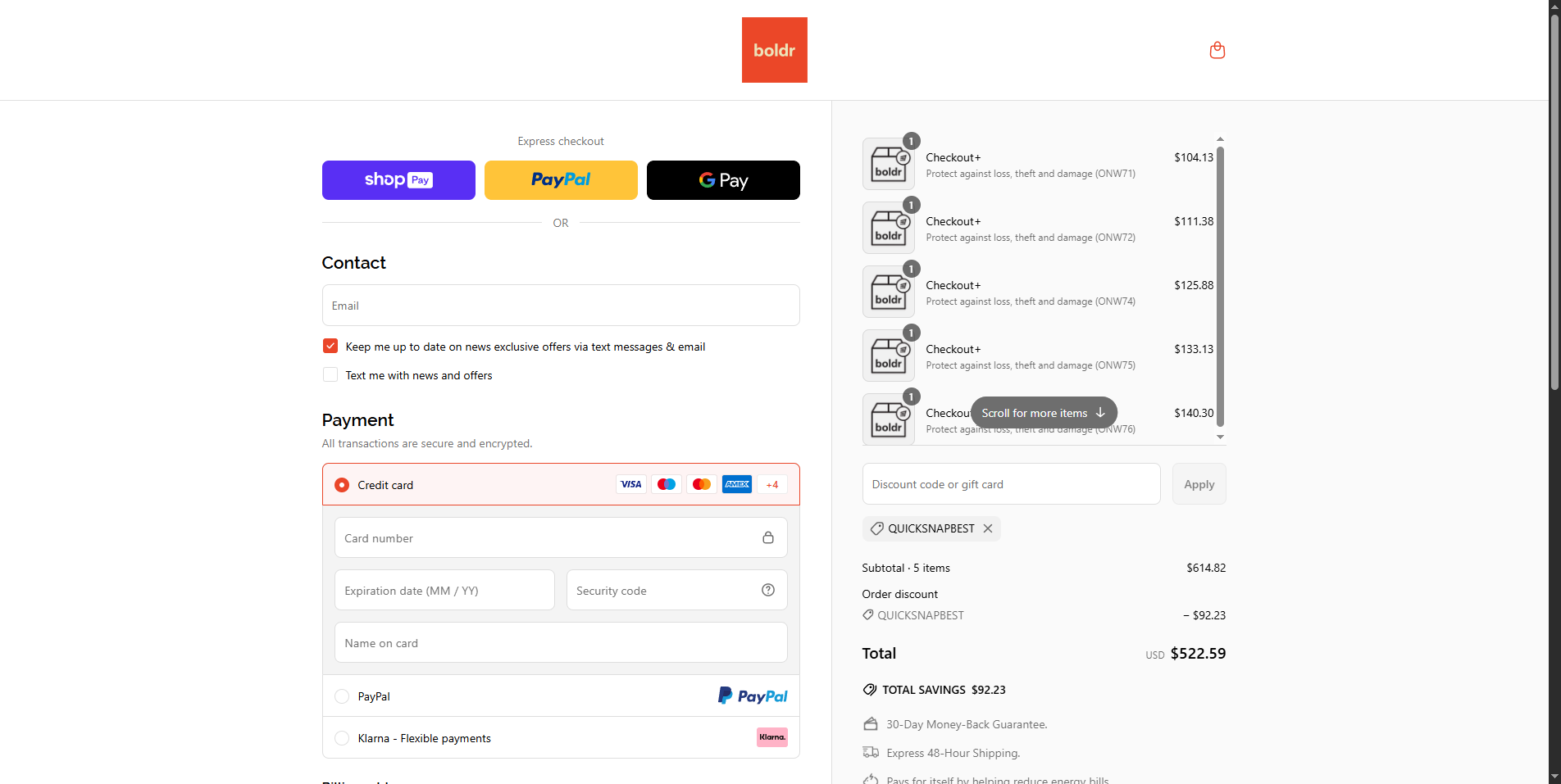 BOLDR Home promo code screenshot showing code quicksnapbest applied at BOLDR Home checkout page. Uploaded by SimplyCodes community member ValiantExpert800 on May 10, 2025