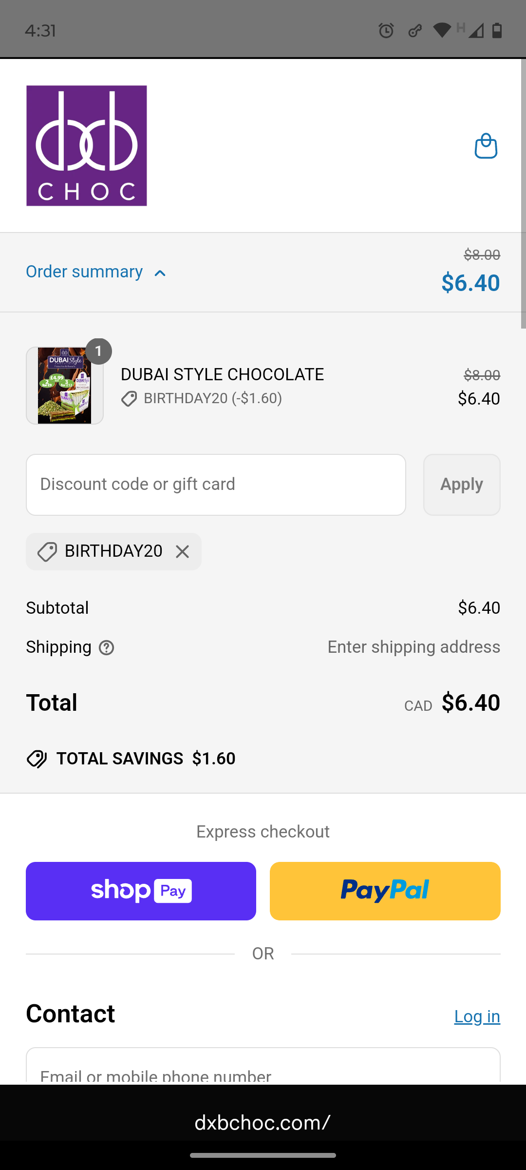 DXB CHOC coupon verification screenshot