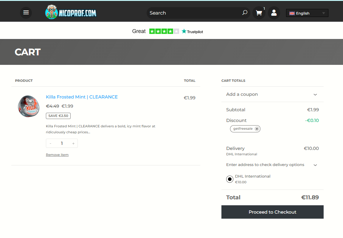 NICOPROF coupon verification screenshot