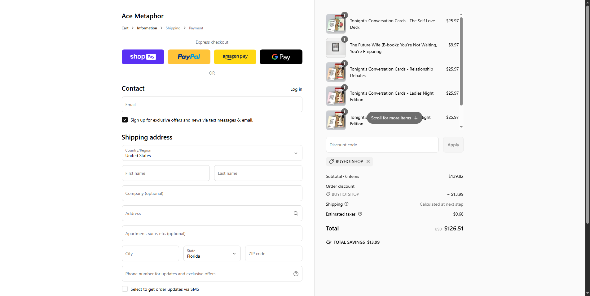 Ace Metaphor promo code screenshot showing code buyhotshop applied at Ace Metaphor checkout page. Uploaded by SimplyCodes community member GloriousChaser6849 on Apr 9, 2025