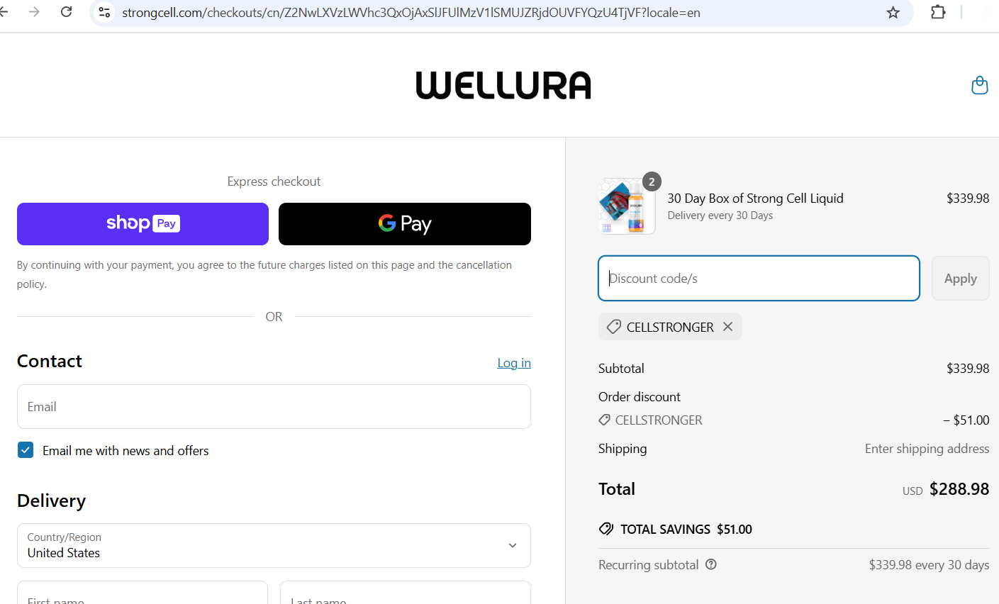 STRONG CELL discount code screenshot showing code CELLSTRONGER applied at STRONG CELL checkout page. Uploaded by SimplyCodes community member PromoChaser4384 on Apr 12, 2025