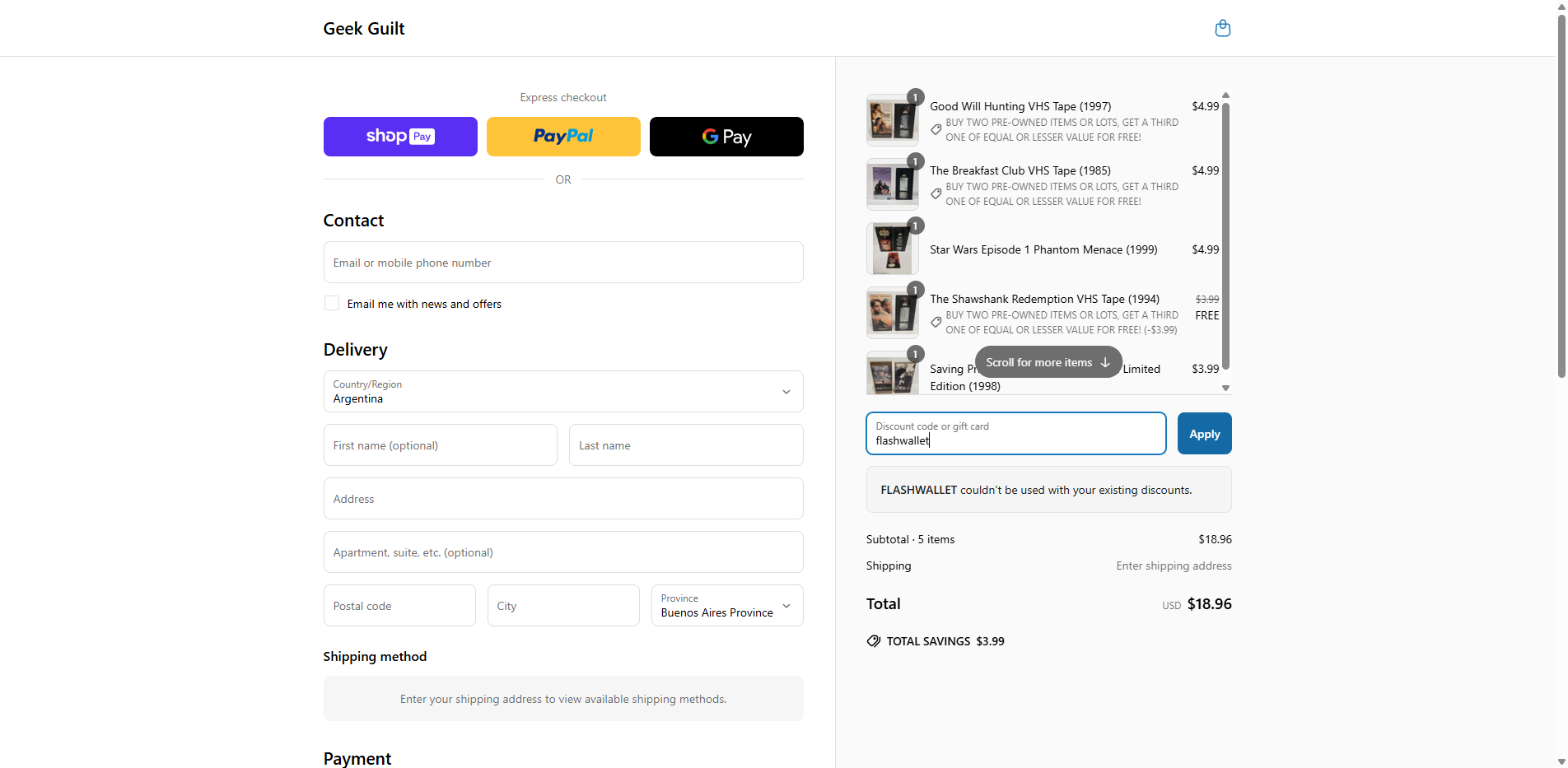 Geek Guilt promo code screenshot showing code flashwallet applied at Geek Guilt checkout page. Uploaded by SimplyCodes community member WiseFalcon4206 on Apr 10, 2025