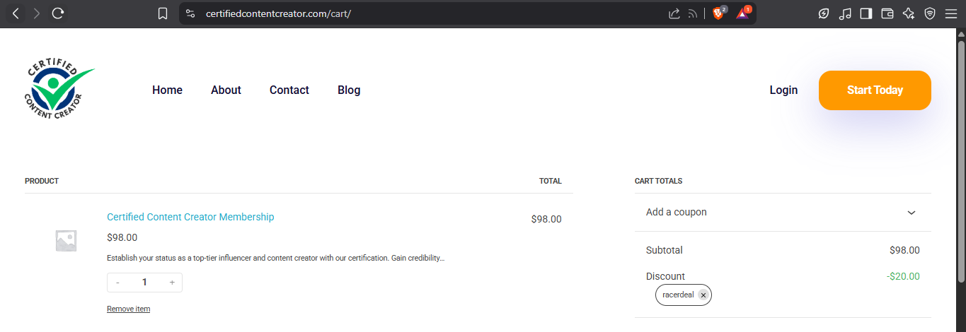 racerdeal coupon verification screenshot