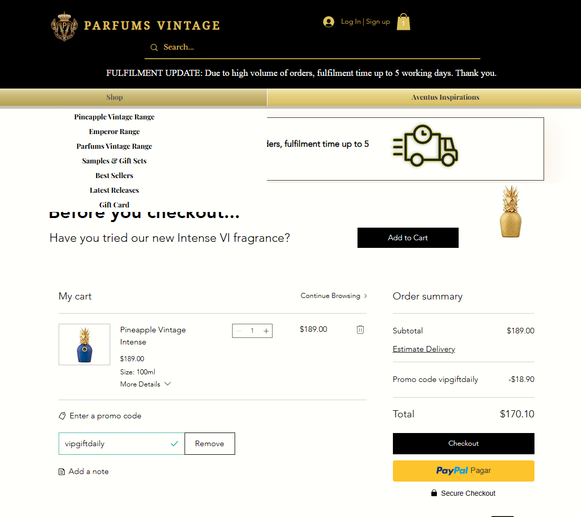 Parfums Vintage coupon verification screenshot