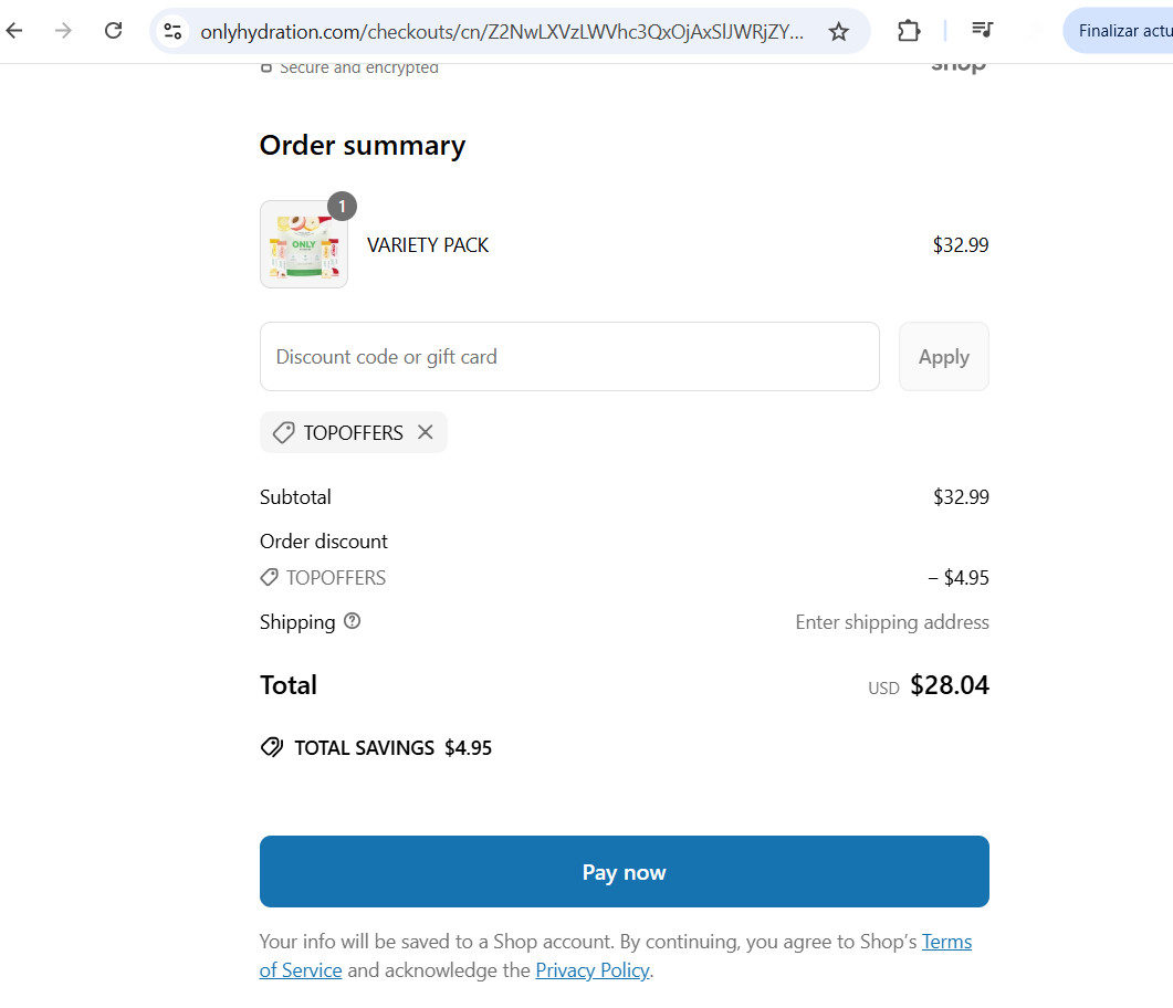 ONLY Hydration promo code screenshot showing code TOPOFFERS applied at ONLY Hydration checkout page. Uploaded by SimplyCodes community member VoucherOwl2690 on Apr 15, 2025