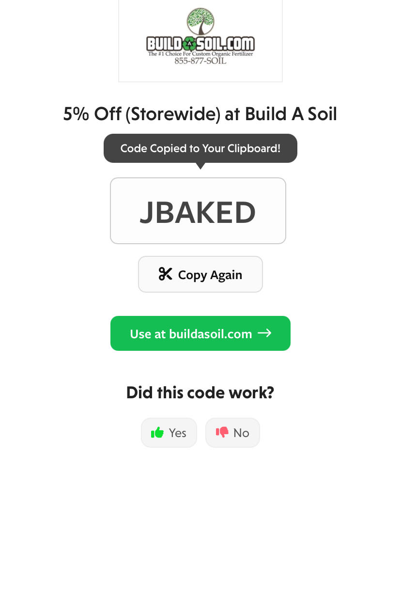 Build A Soil discount code screenshot showing code Jbaked applied at Build A Soil checkout page. Uploaded by SimplyCodes community member SavvySeeker7924 on Apr 1, 2025