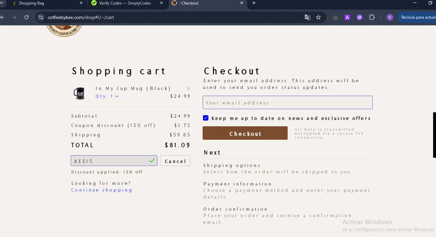 Kee15 coupon verification screenshot