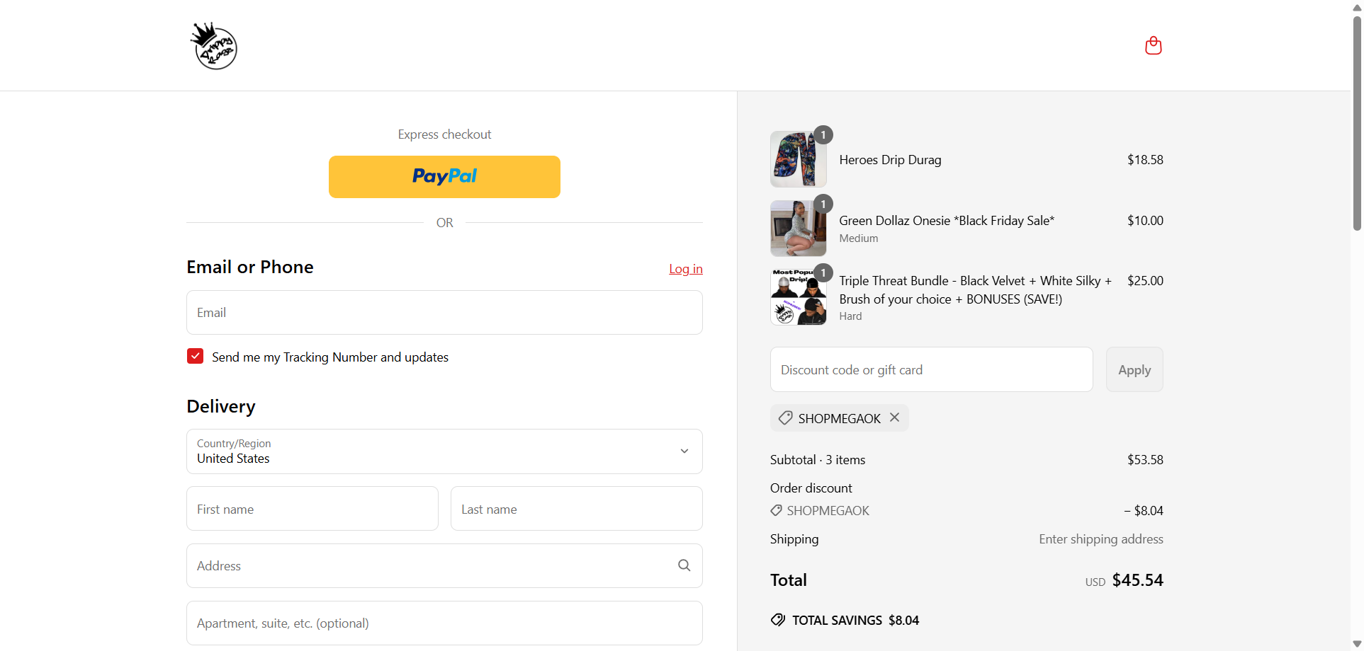 Drippy Rags discount code screenshot showing code shopmegaok applied at Drippy Rags checkout page. Uploaded by SimplyCodes community member ShieldScout6718 on May 19, 2025
