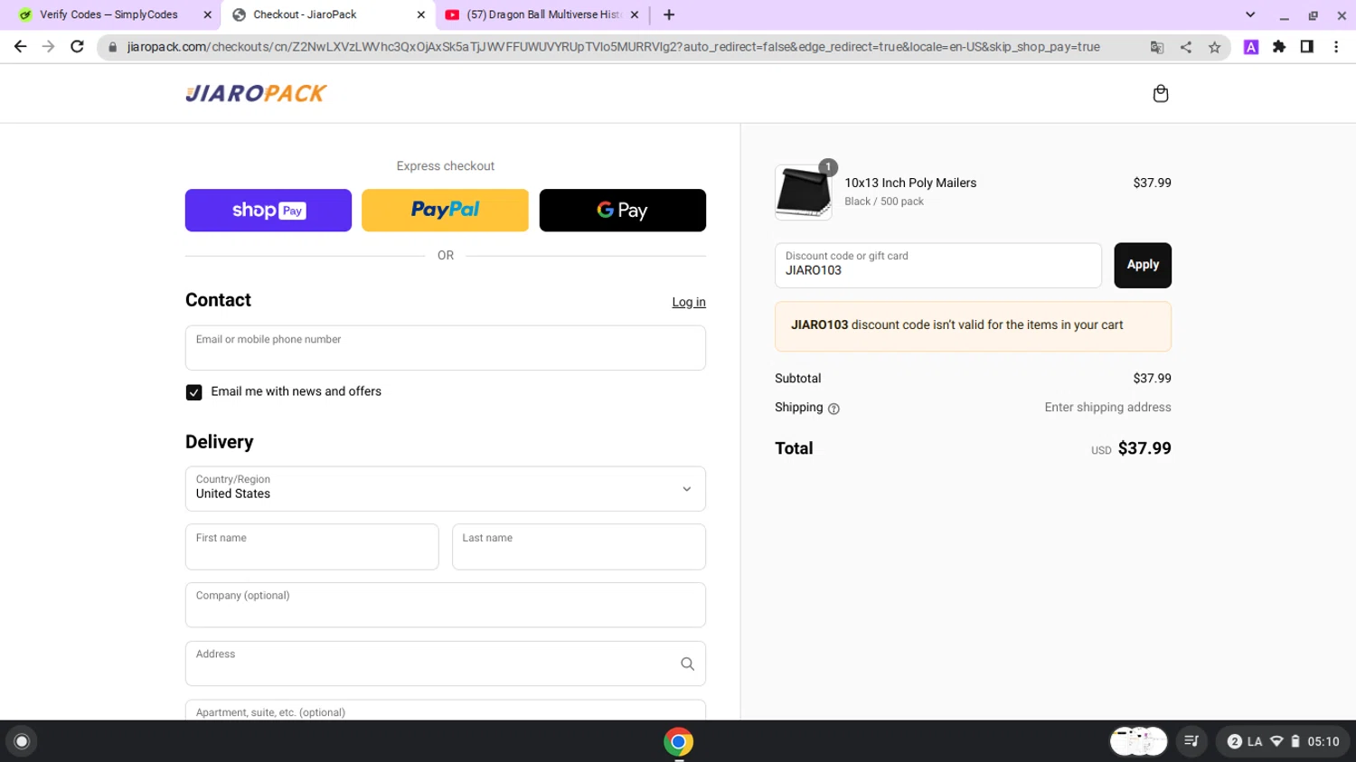 JiaroPack discount code screenshot showing code JIARO103 applied at JiaroPack checkout page. Uploaded by SimplyCodes community member DiscountAce6596 on May 28, 2025