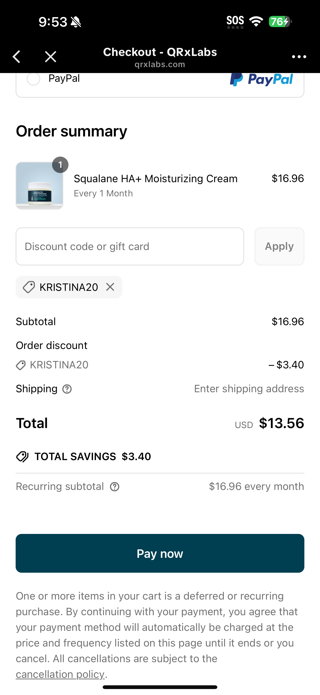 KRISTINA20 coupon verification screenshot