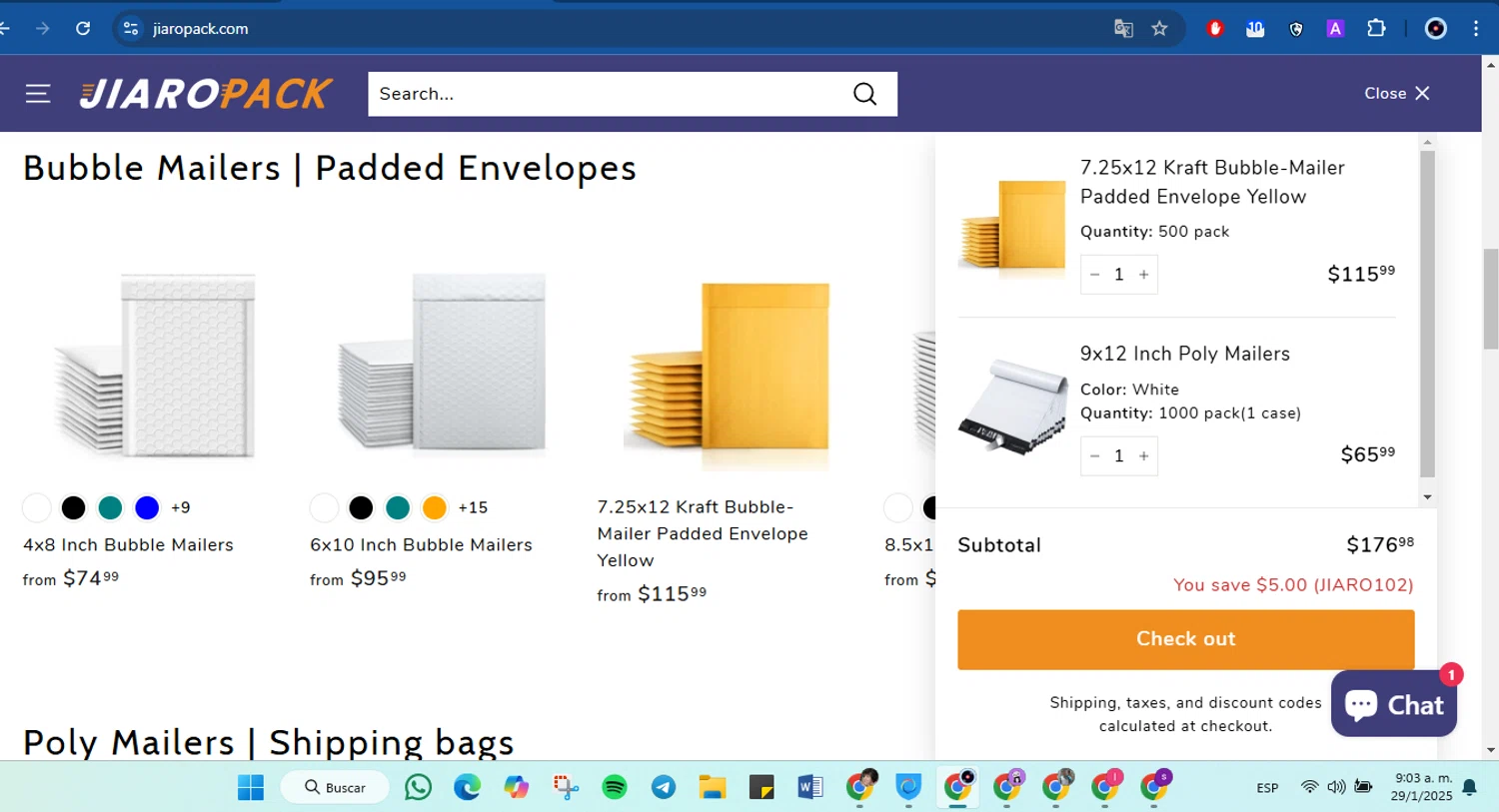 JiaroPack discount code screenshot showing code JIARO102 applied at JiaroPack checkout page. Uploaded by SimplyCodes community member FortunateLynx4617 on May 28, 2025