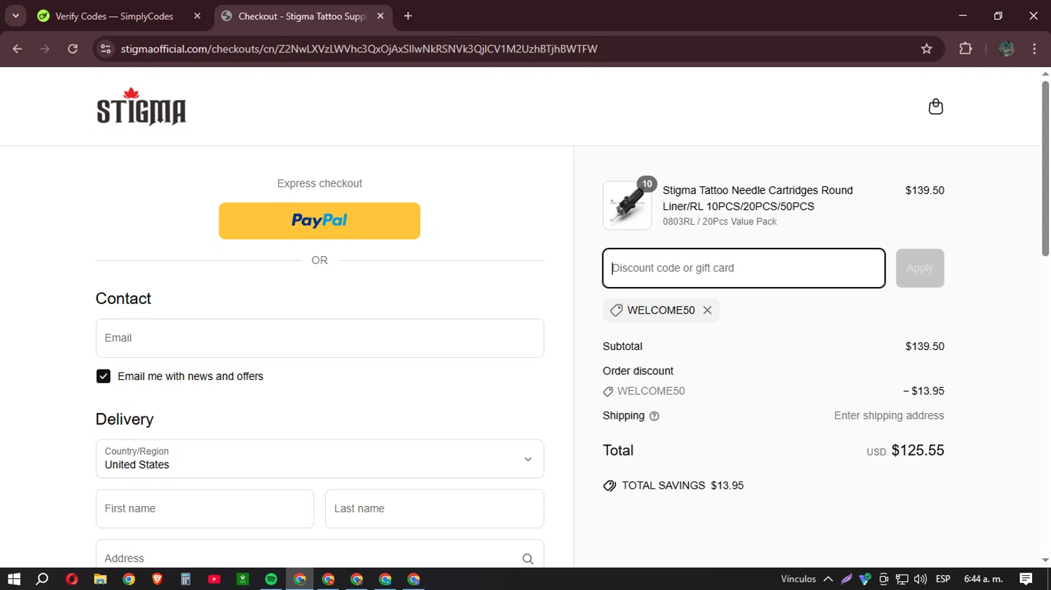 welcome50 coupon verification screenshot