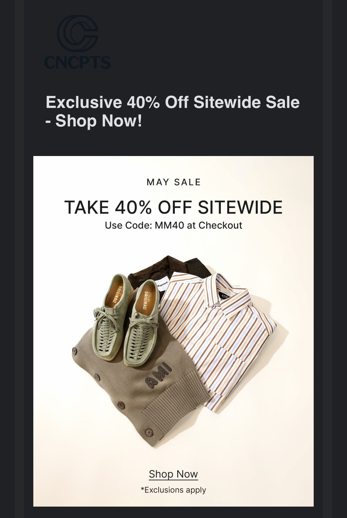 Concepts discount code screenshot showing code MM40 applied at Concepts checkout page. Uploaded by SimplyCodes community member Munchiez on May 22, 2025