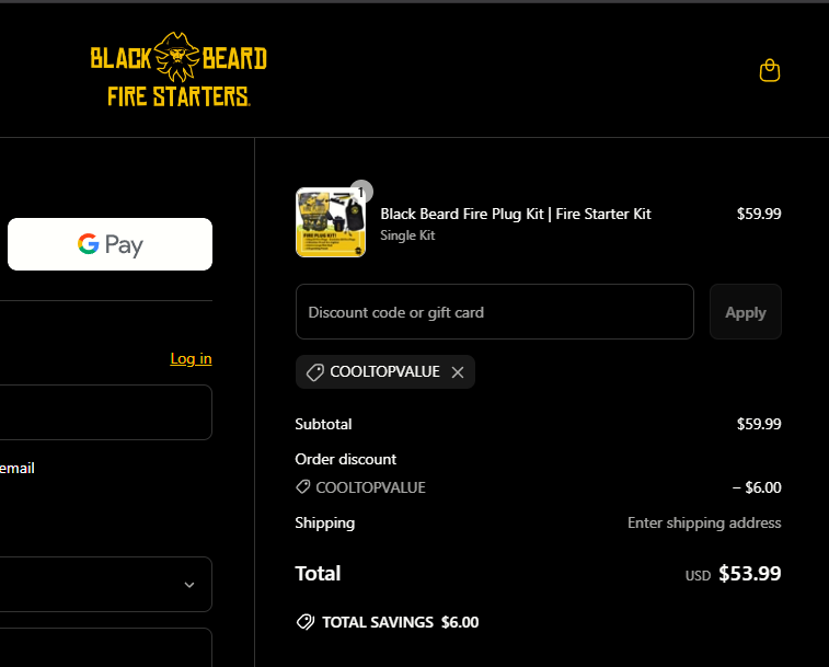 Black Beard Fire Starter discount code screenshot showing code cooltopvalue applied at Black Beard Fire Starter checkout page. Uploaded by SimplyCodes community member VoucherPro8745 on Apr 24, 2025