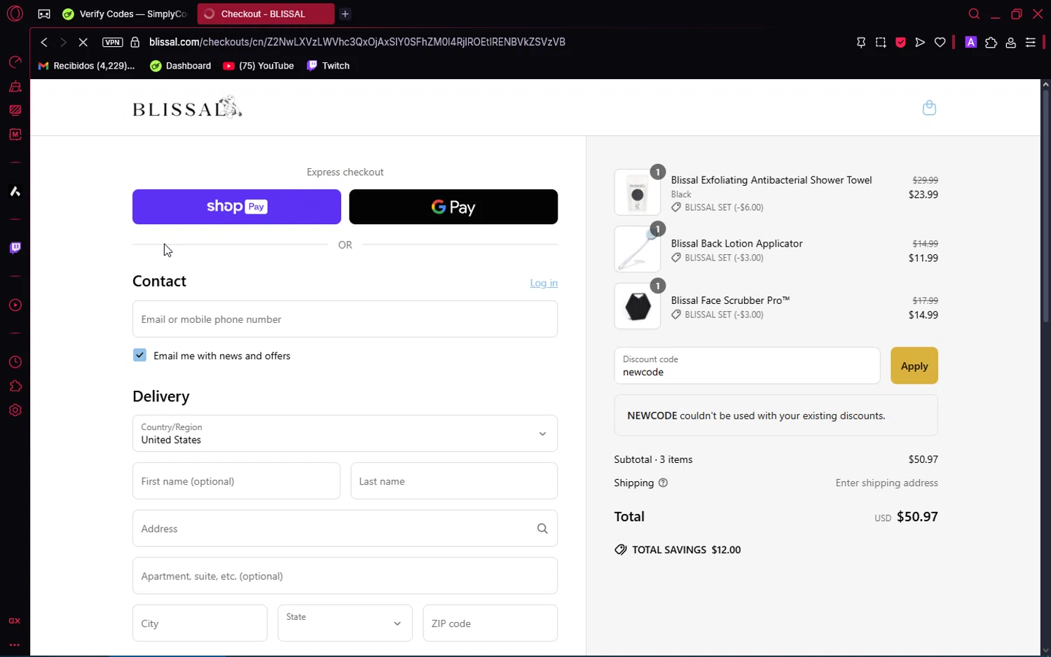 BLISSAL promo code screenshot showing code newcode applied at BLISSAL checkout page. Uploaded by SimplyCodes community member ShrewdPioneer8643 on May 29, 2025