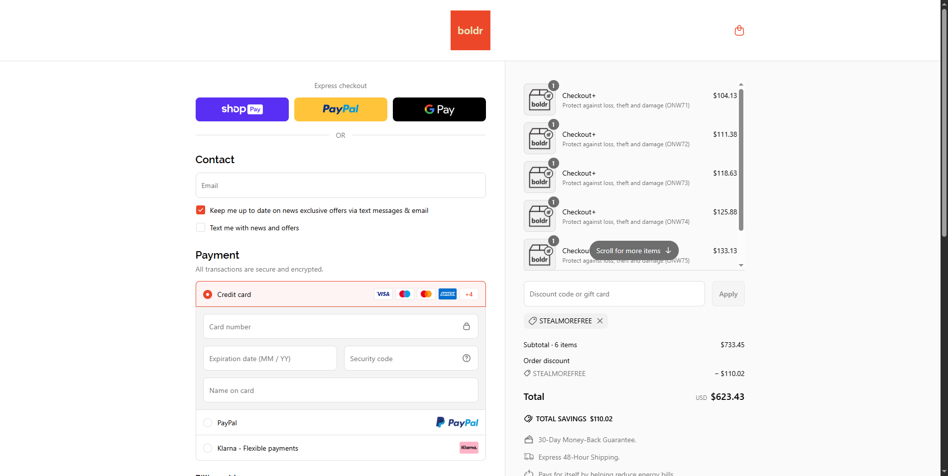 BOLDR Home promo code screenshot showing code stealmorefree applied at BOLDR Home checkout page. Uploaded by SimplyCodes community member MagnificentLynx3118 on May 10, 2025