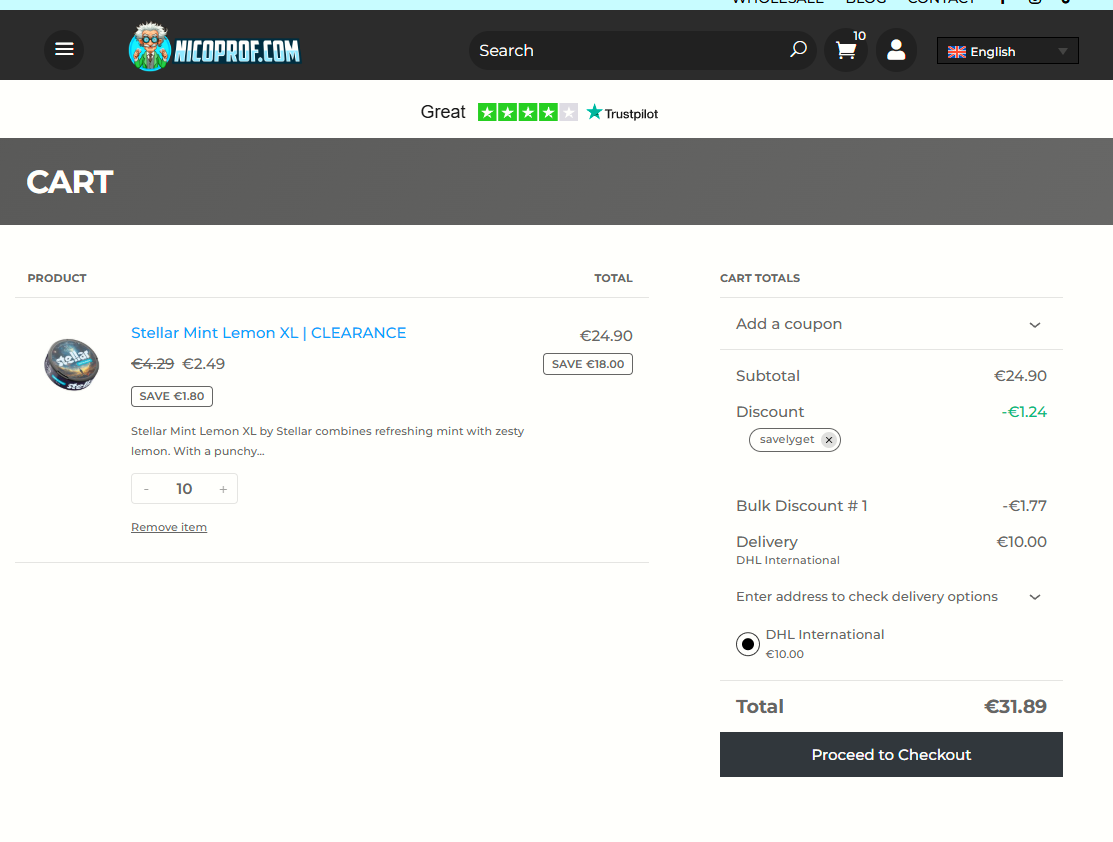 NICOPROF coupon verification screenshot