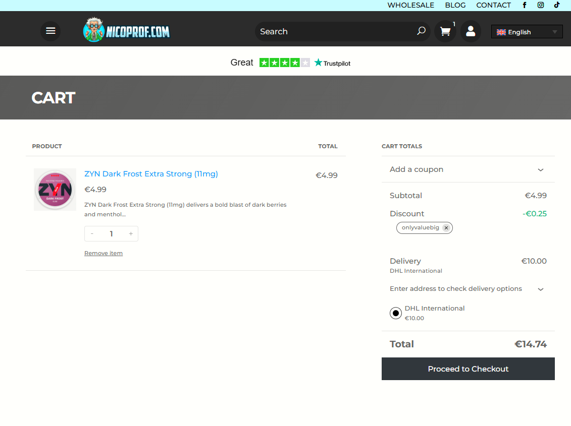 NICOPROF coupon verification screenshot