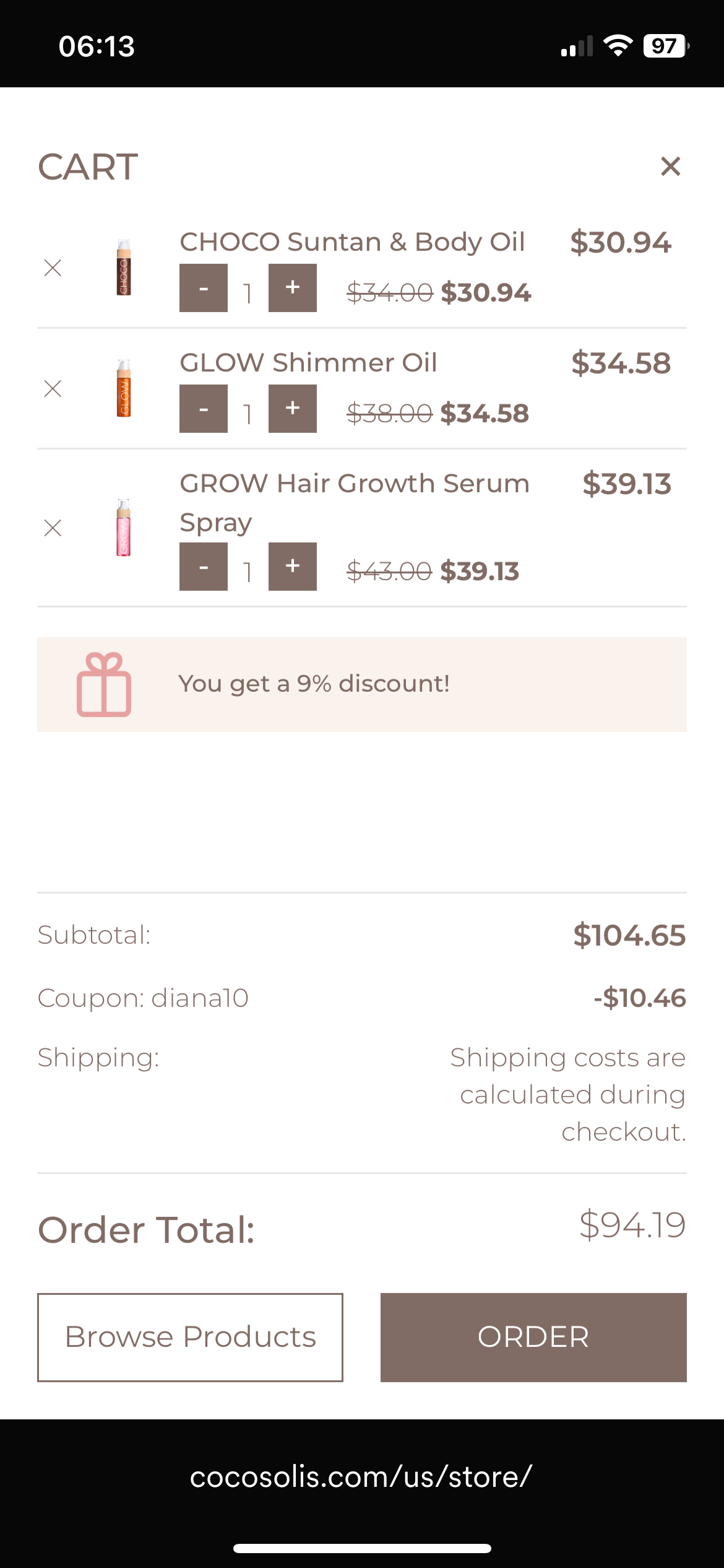diana10 coupon verification screenshot