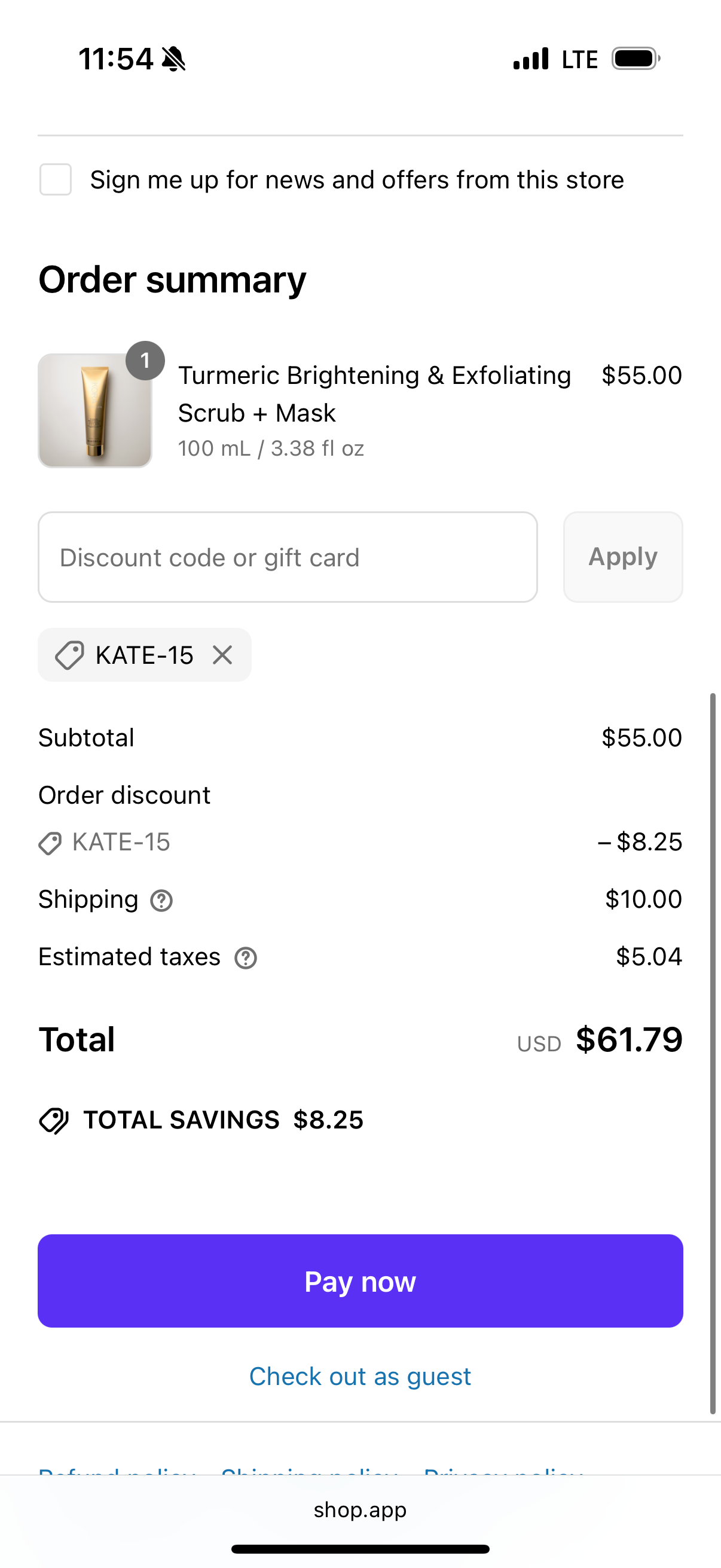 KATE-15 coupon verification screenshot