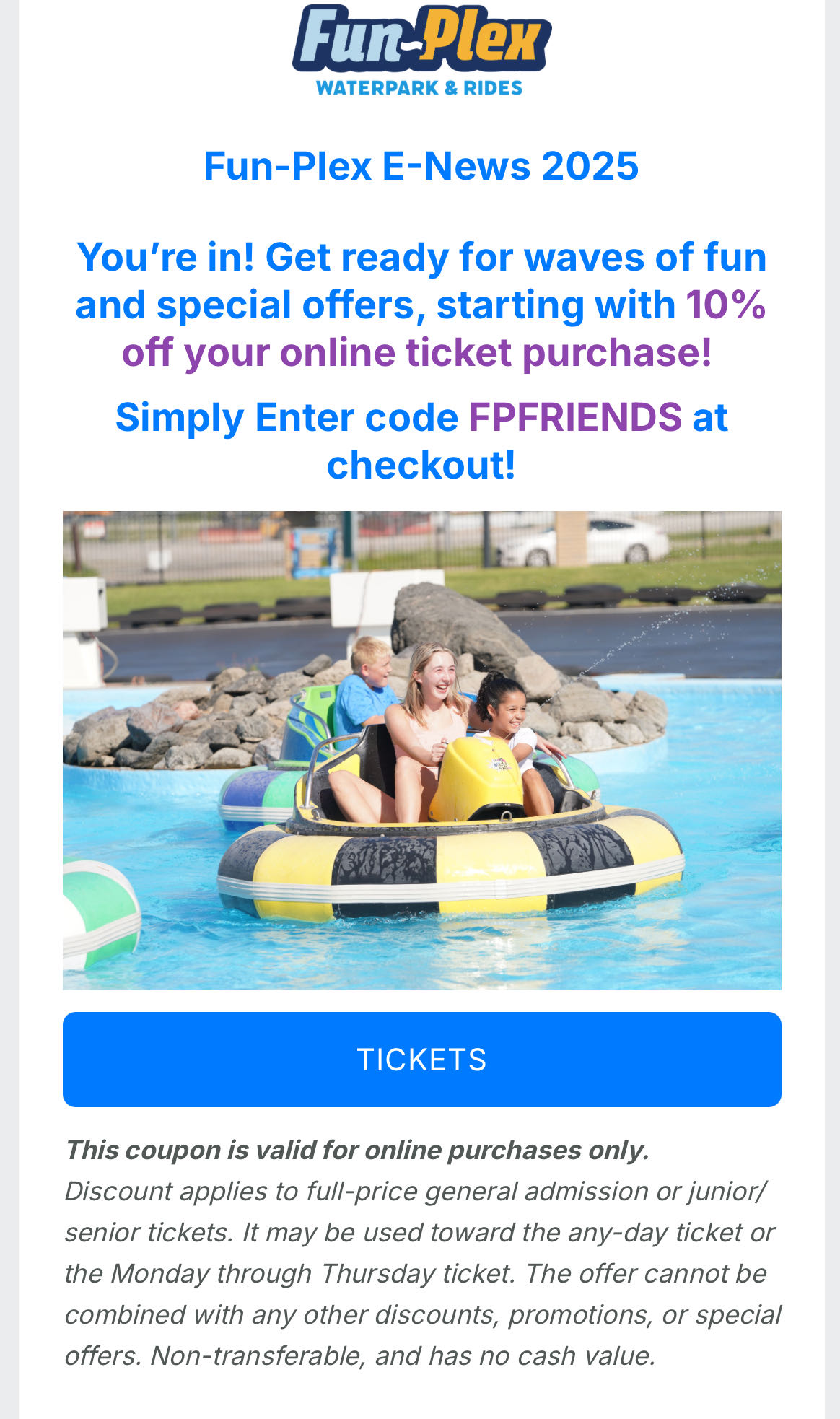 Fun-Plex coupon code screenshot showing code FPFRIENDS applied at Fun-Plex checkout page. Uploaded by SimplyCodes community member QuestAdmiral5638 on Jun 1, 2025
