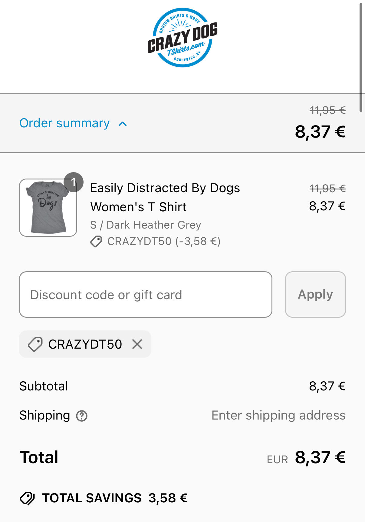 Crazy Dog Tshirts coupon code screenshot showing code CRAZYDT50 applied at Crazy Dog Tshirts checkout page. Uploaded by SimplyCodes community member ExtraordinarySaver5789 on Jun 28, 2025