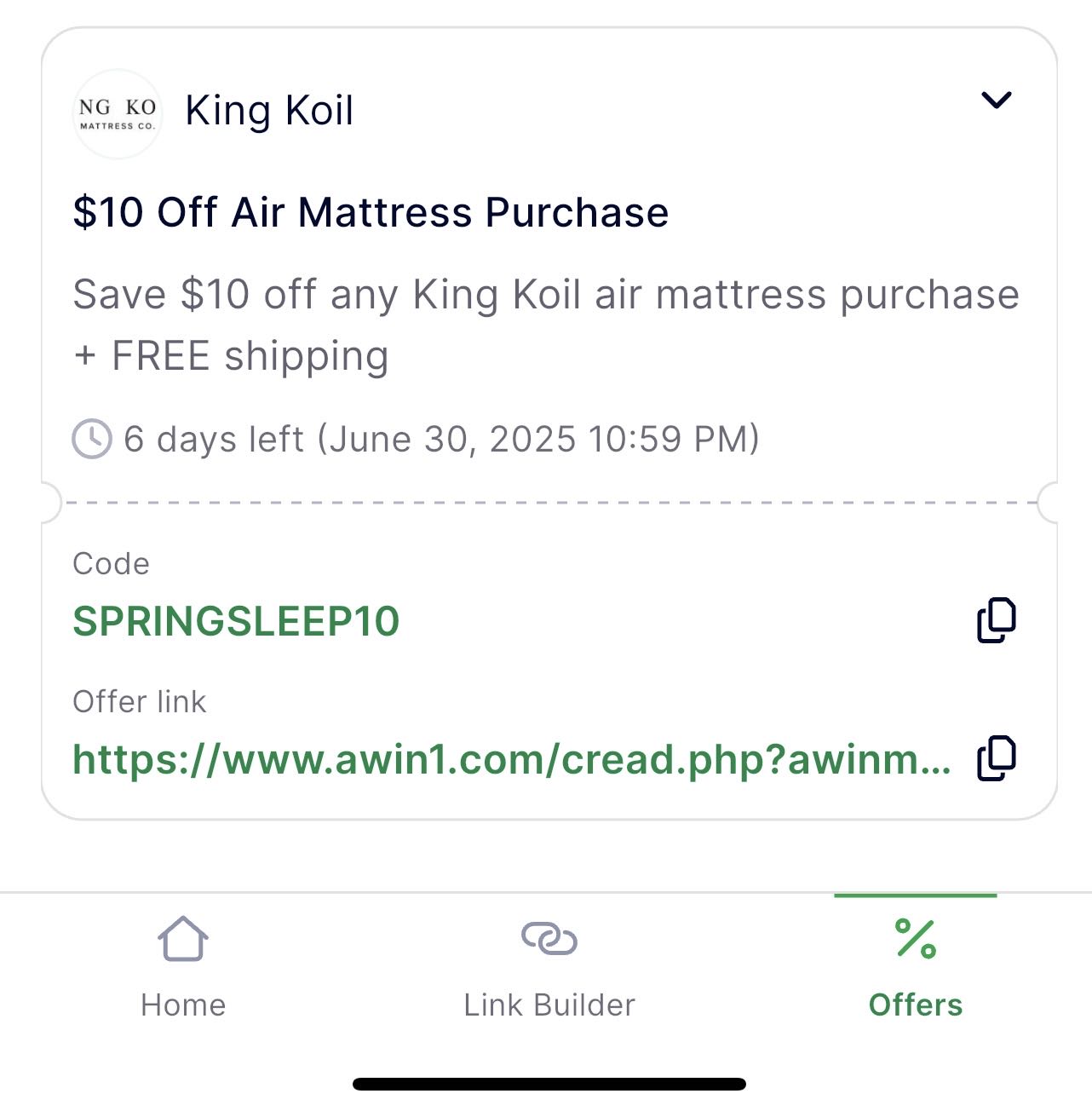 SPRINGSLEEP10 coupon verification screenshot