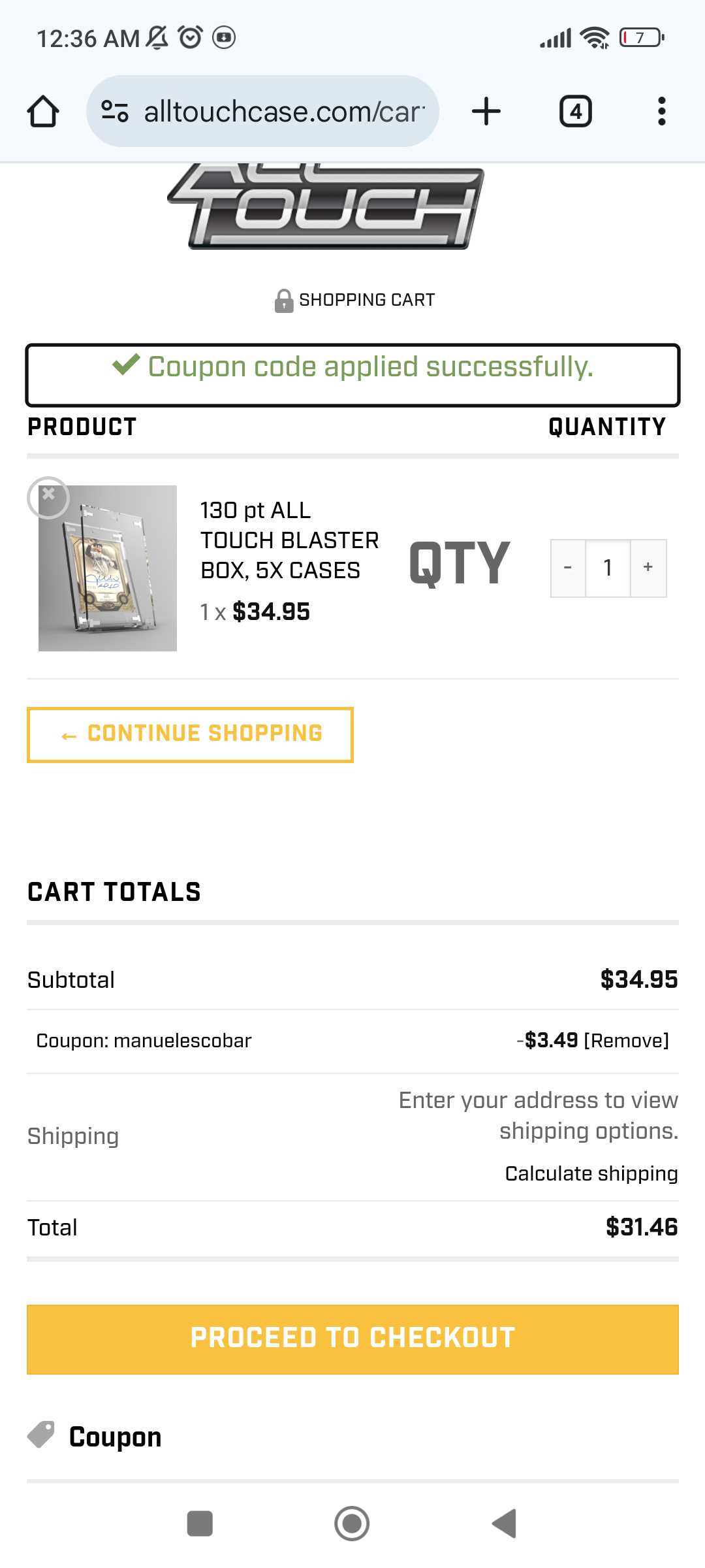All Touch Case coupon verification screenshot