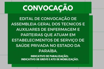 Convocação para AGO com os Técnicos e Auxiliares de Enfermagem e Parteiras da base social do SINDESEP-PB - SINDESEP