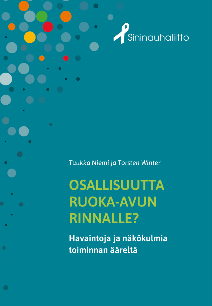 Ruokajonosta osallisuuteen -kirjan kansi. Turkoosinvihreällä pohjalla kirjan nimi. Koristeena erivärisiä palloja.