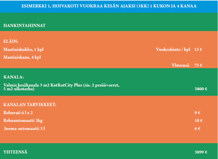 ESIMERKKI 1, HOIVAKOTI VUOKRAA KESÄN AJAKSI (3KK) 1 KUKON JA 4 KANAA 