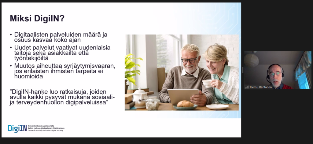Kuvassa zoom-näkymä, oikeassa laidassa puhuu Teemu Rantanen ja vasemmalla dia, jossa esitellään DigiIn-hanketta.