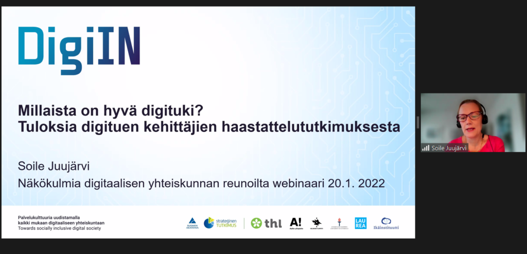 Kuvassa Soile Juujärvi Zoom-ikkunassa, vasemmalla luentodia jonka sisällöstä kerrotaan tekstissä.