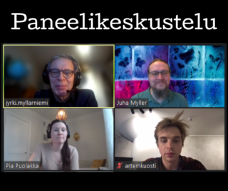 Zoom-ikkuna, jossa alla olevassa tekstissä olevat panelistit kuvissa.