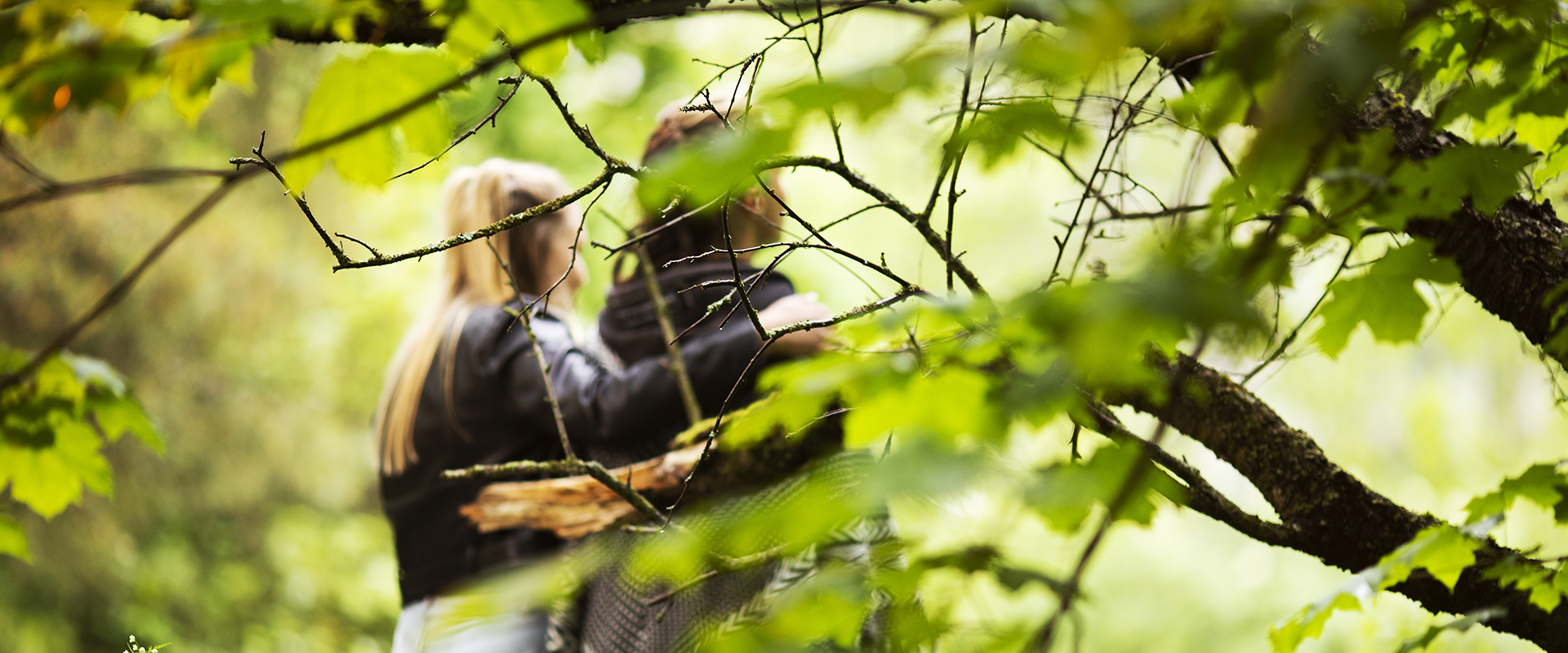 Kaksi nuorta selin katsojaan, kuvattuna puiden lehvästön takaa