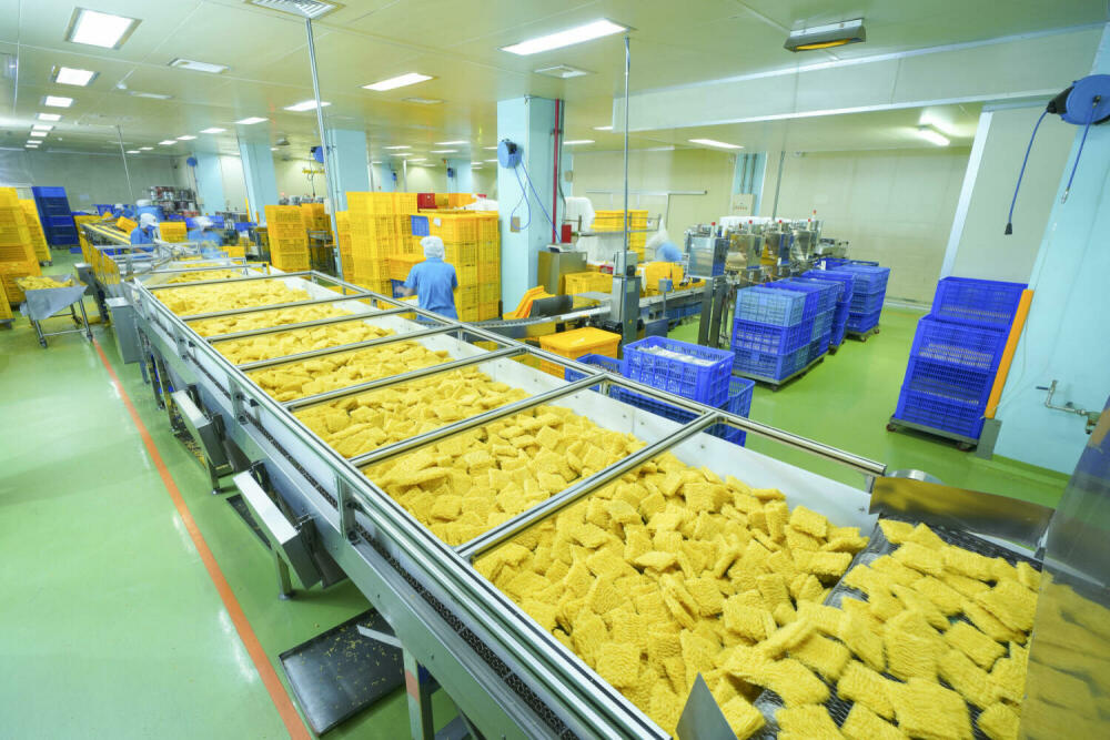 Workers on SING-LIN noodle line drying steam-cooked noodles for packaging.