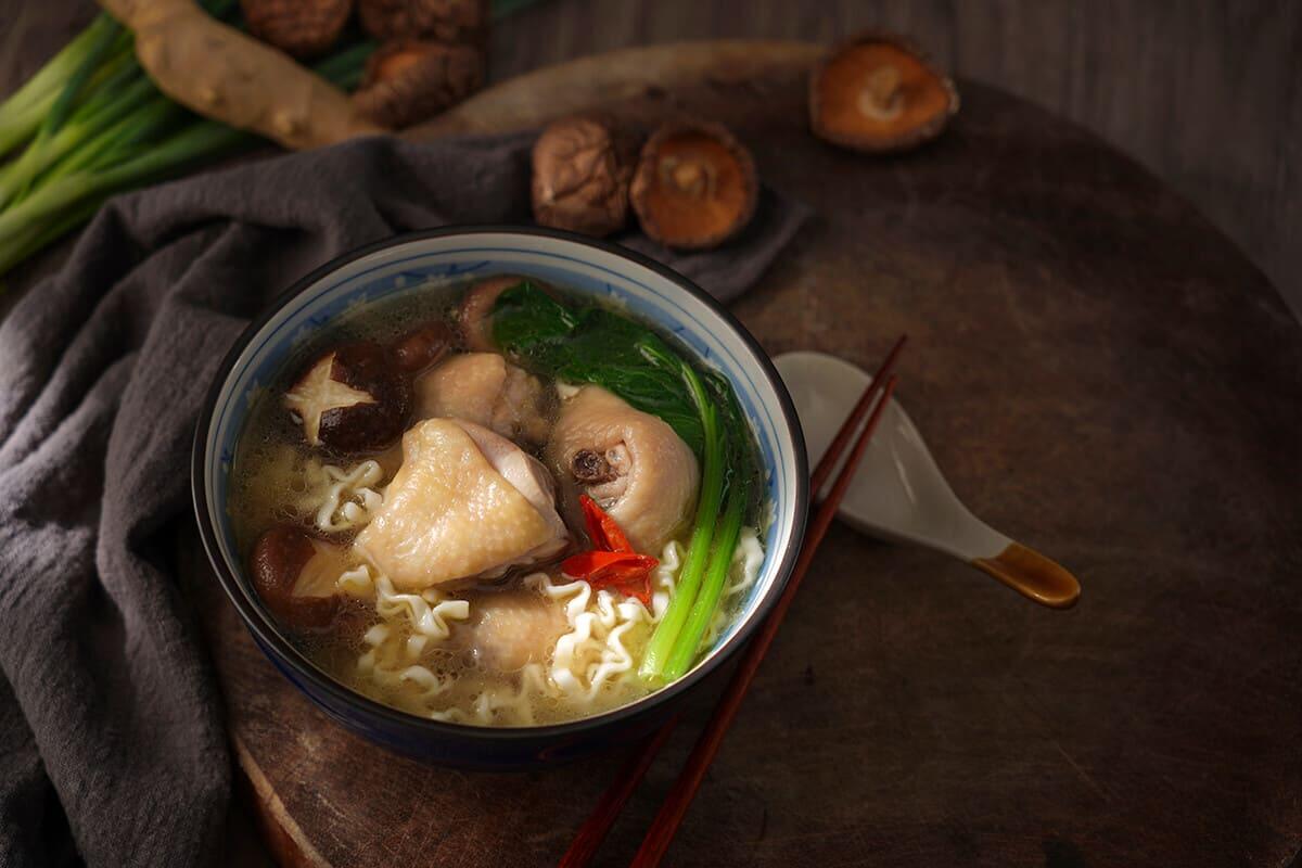 A bowl of shiitake mushroom chicken broth ramen noodles — a simple Asian noodle recipe made with everyday ingredients.