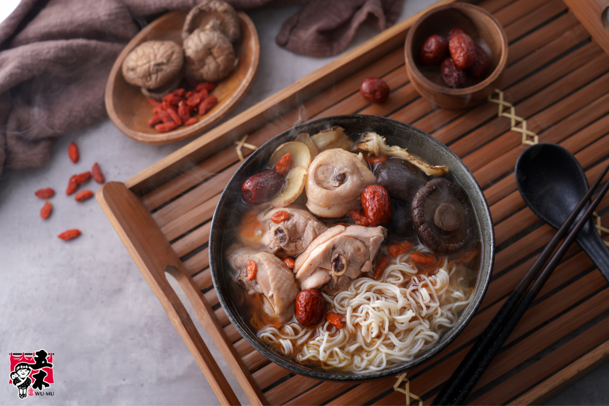 Sesame oil chicken ramen with mushrooms, red dates, and goji berries