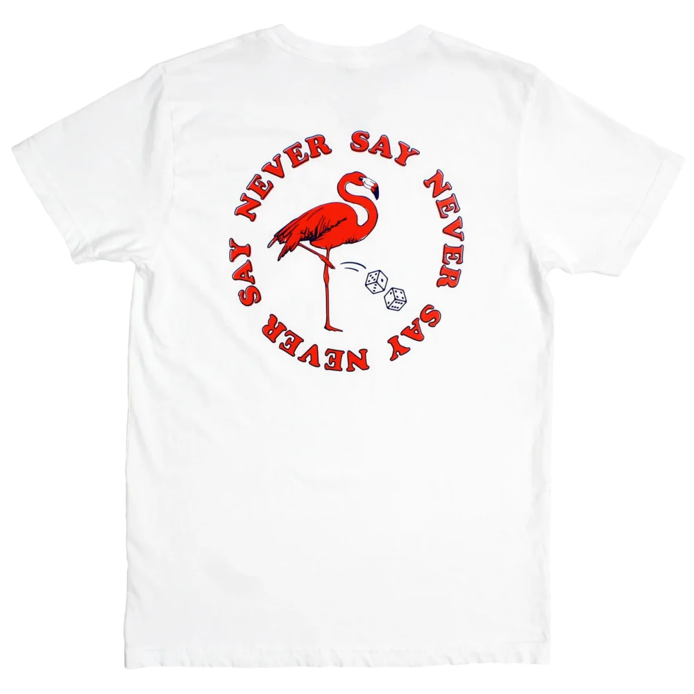 Never Say Never Flamingo Pocket Graphic Tee printed F/B