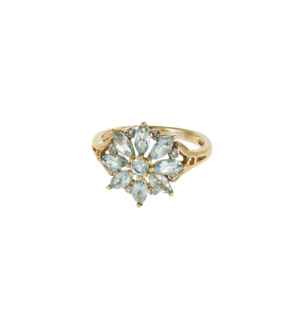 Vintage Aquamarine Kissing Snowflake Ring 9K