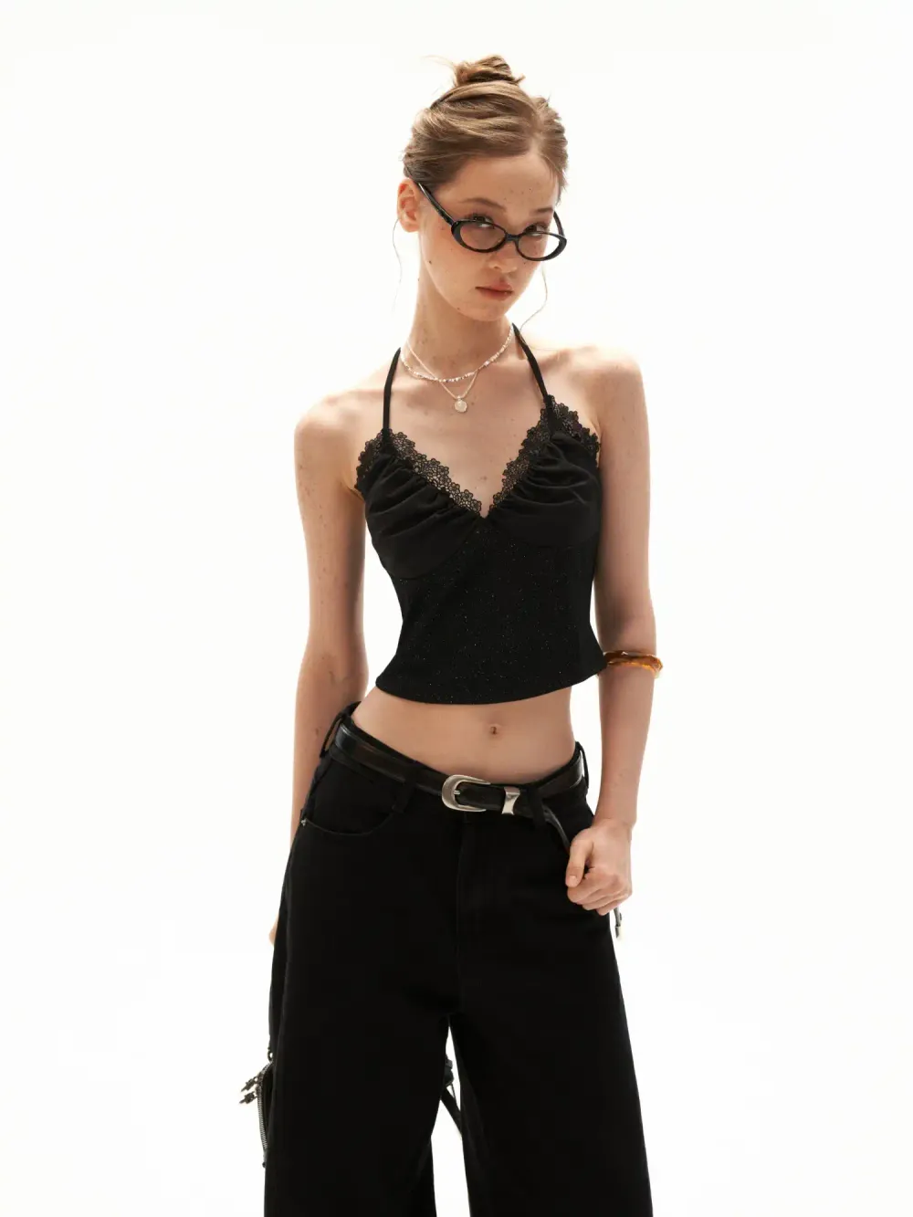 Shimmer Lace Trim Halter Crop Top - 3