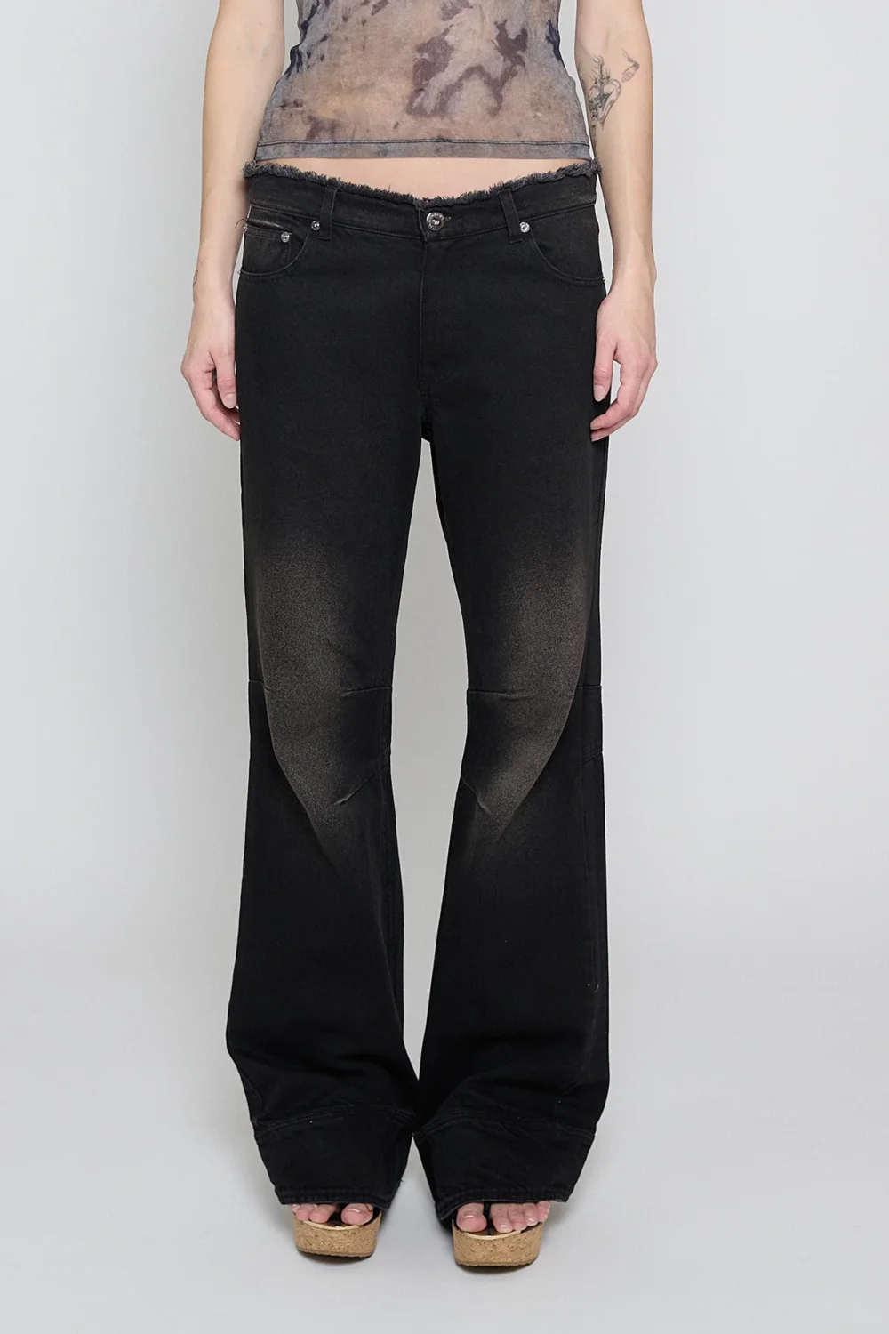 Black Brown Low Rise Frayed Jeans