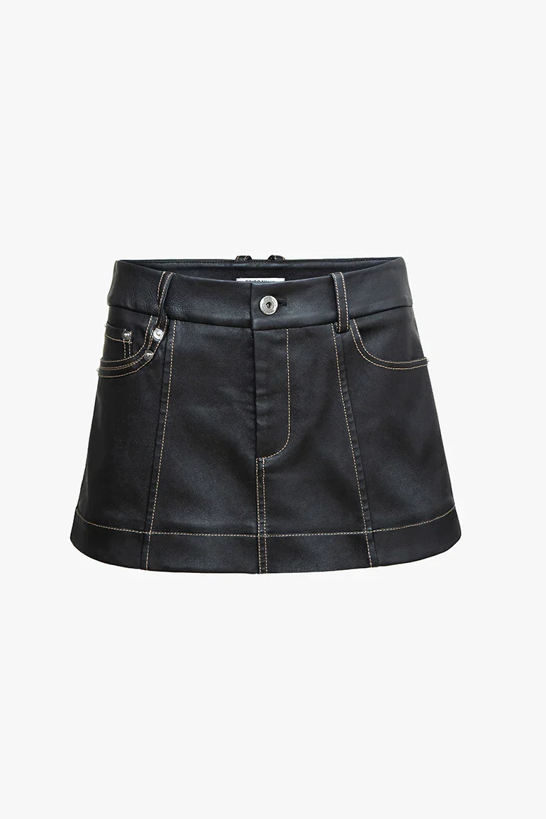 Black Stretch Leather A-Line Mini Skirt