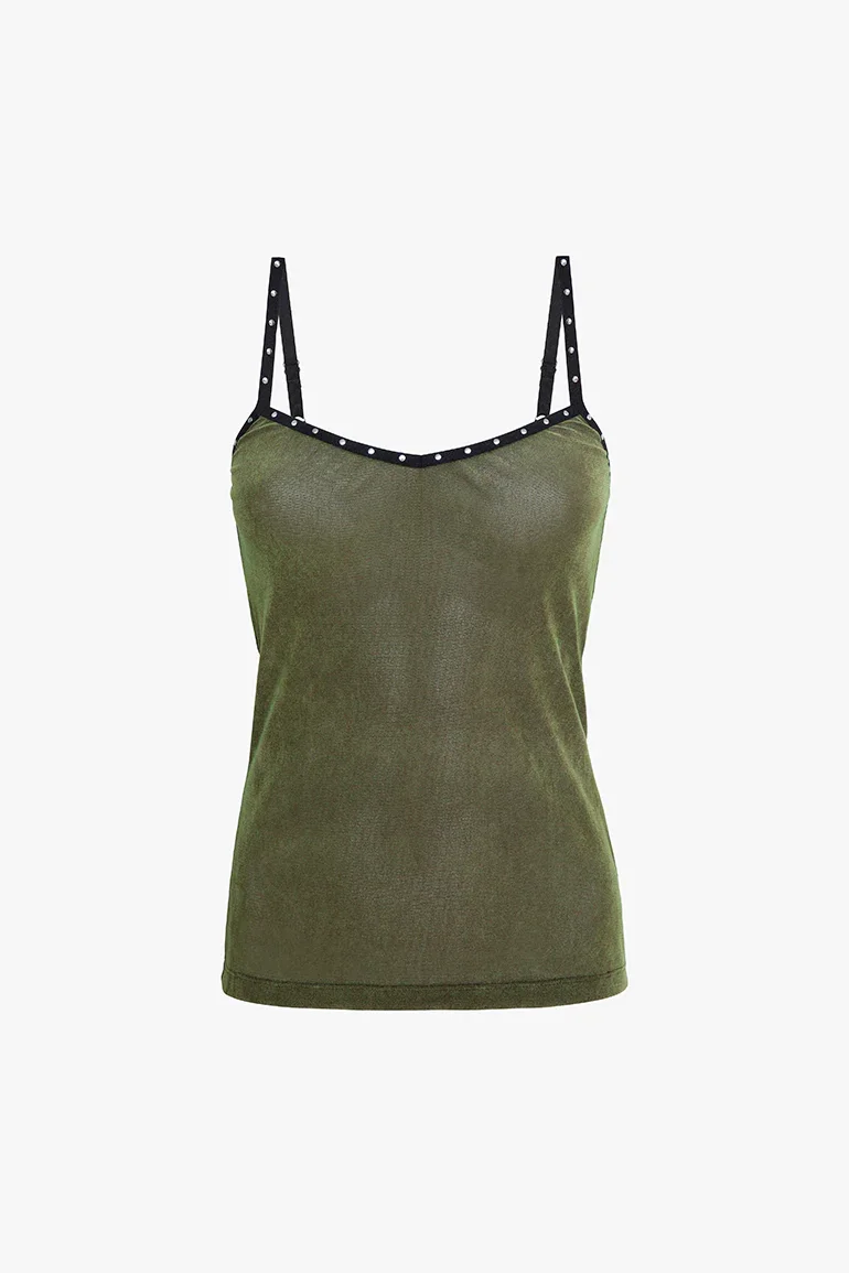 Moss Velvet Mesh Studded Cami Top