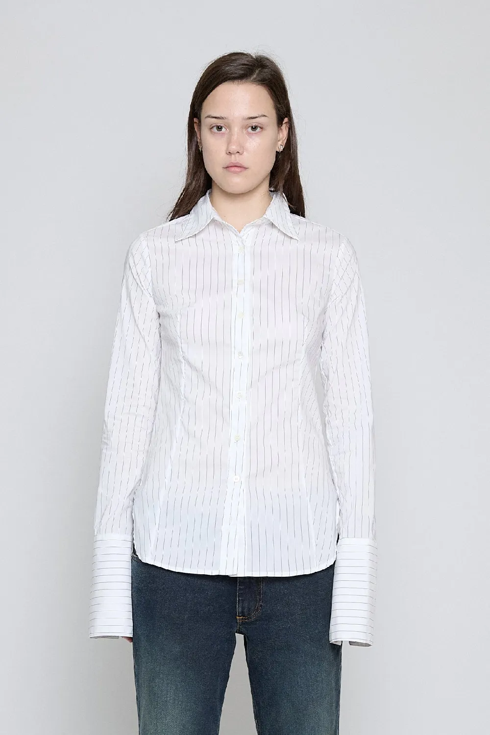 White Pinstripe Fitted Button Down