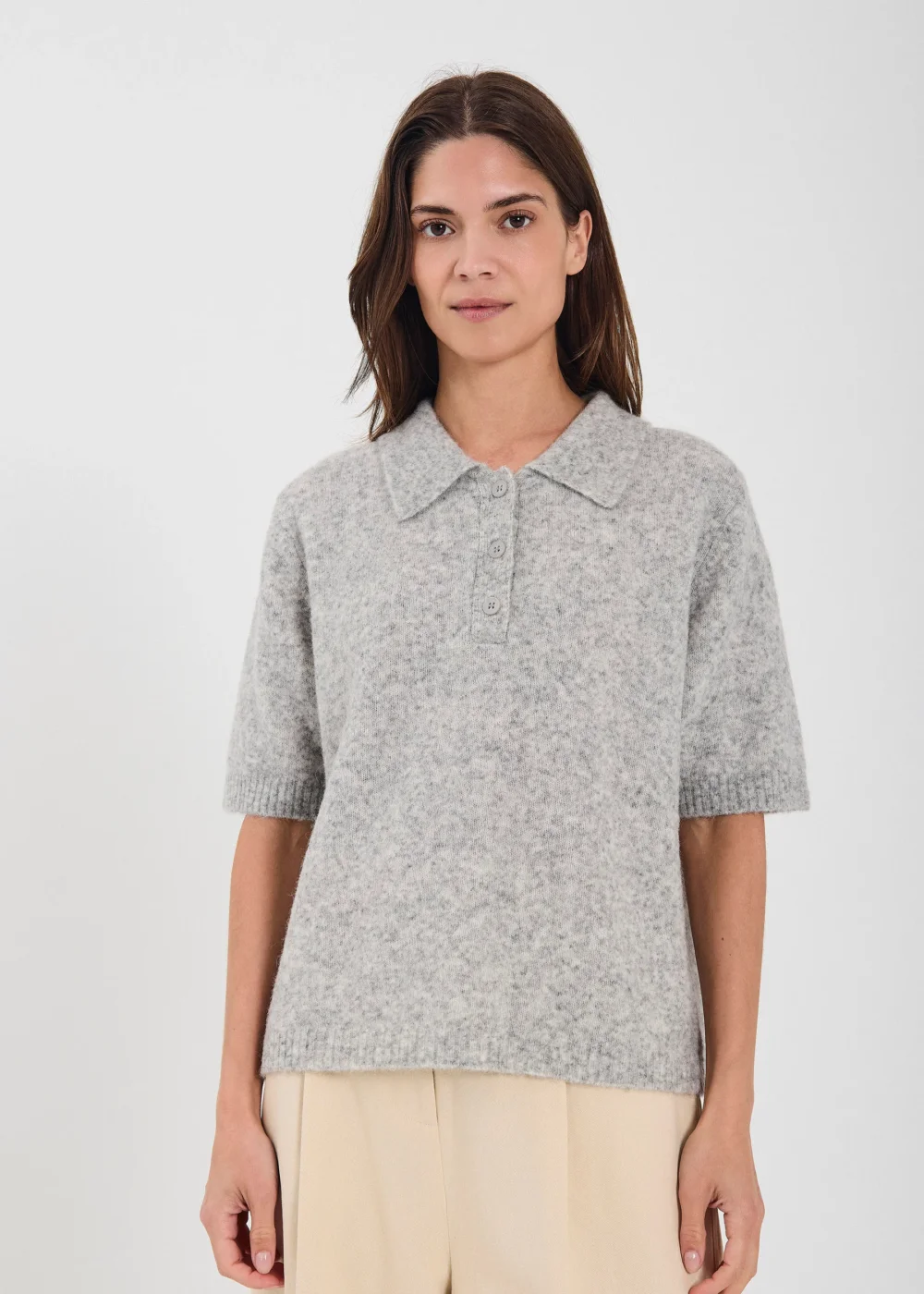 Halli SS polo knit top in light grey melange