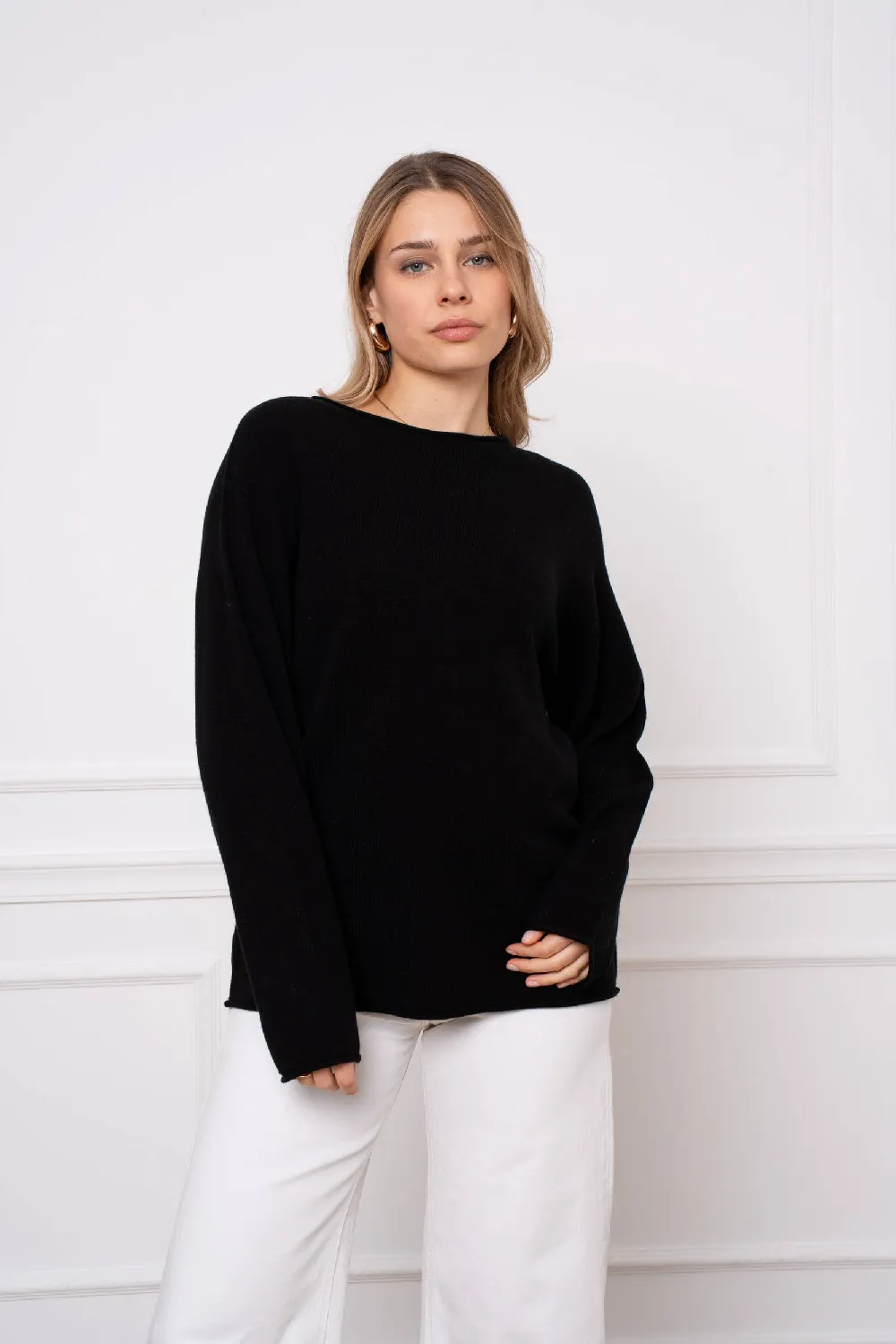 Oversize Kaschmir-Wollpullover mit Rundhalsausschnitt: noir / one size