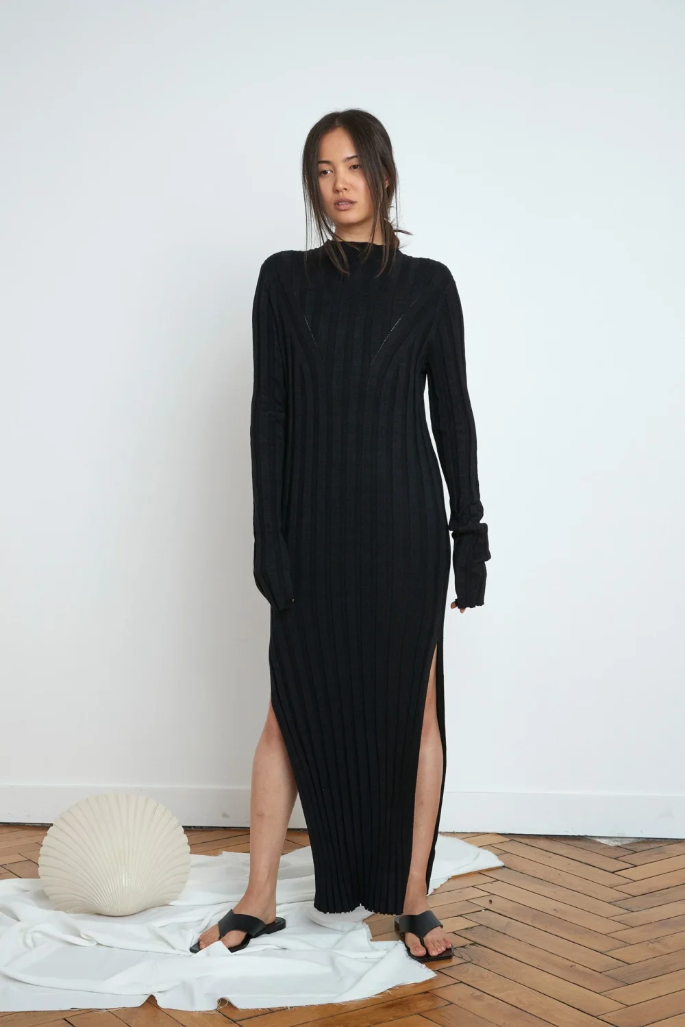 Gaya silk linen dress by loulou studio in black - 2